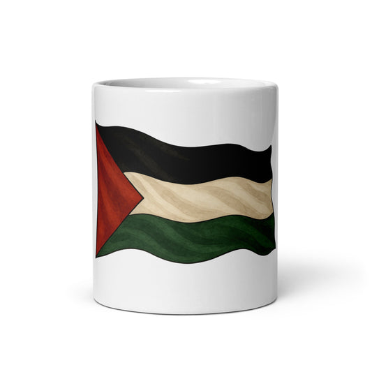 White mug printed with the Palestinian flag in black, white, green and red