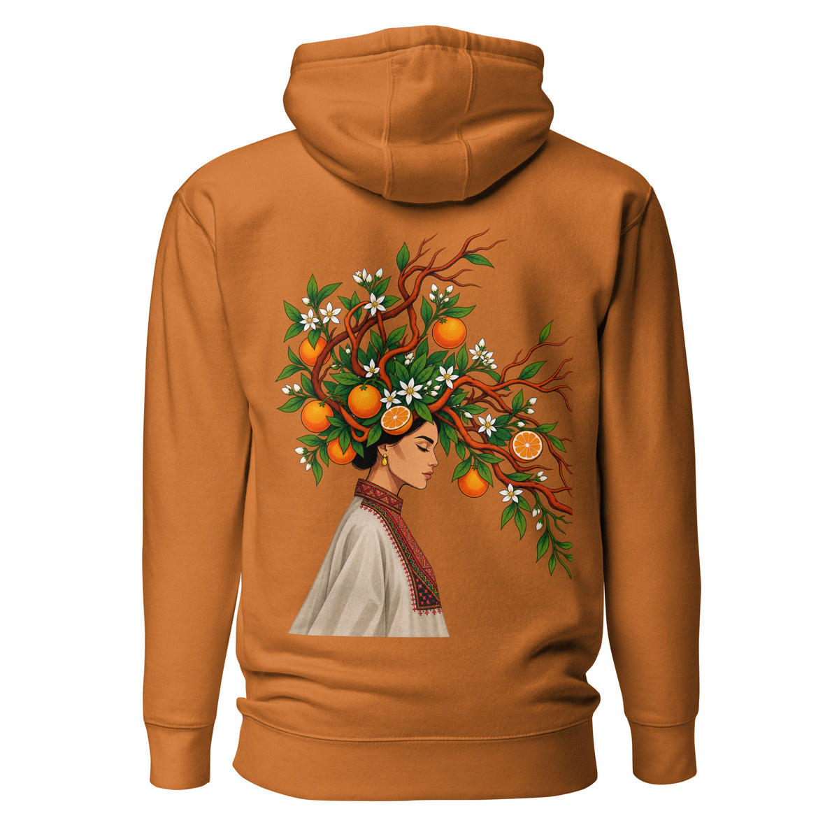 Yafa Jaffa orange blossom Palestine hoodie in Adobe orange – back print of woman in tatreez dress with orange branches