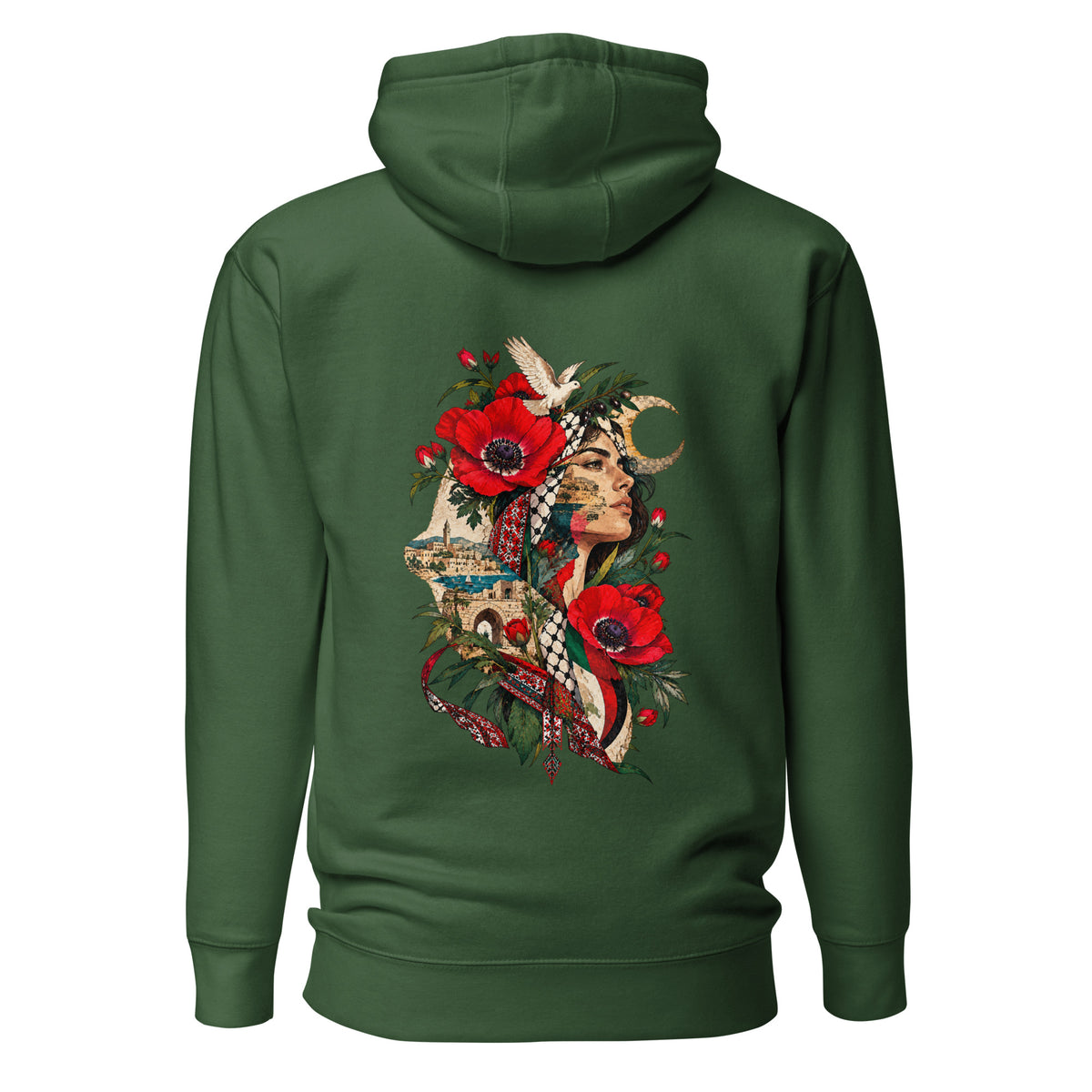 Roots of Resilience Palestinian poppy (Hanoon) hoodie in Forest Green – back print