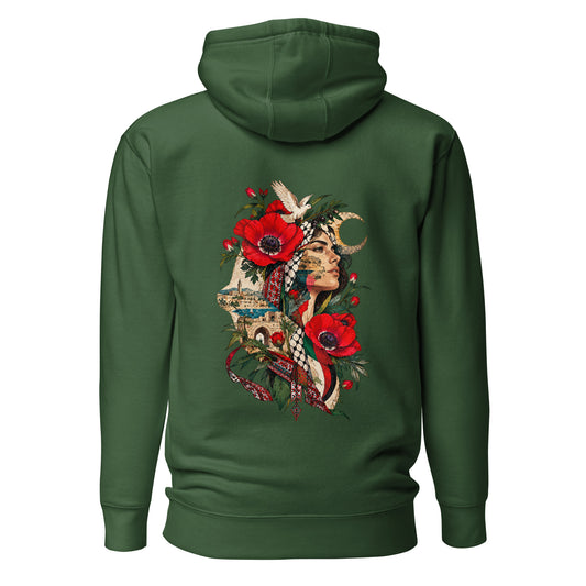 Roots of Resilience Palestinian poppy (Hanoon) hoodie in Forest Green – back print