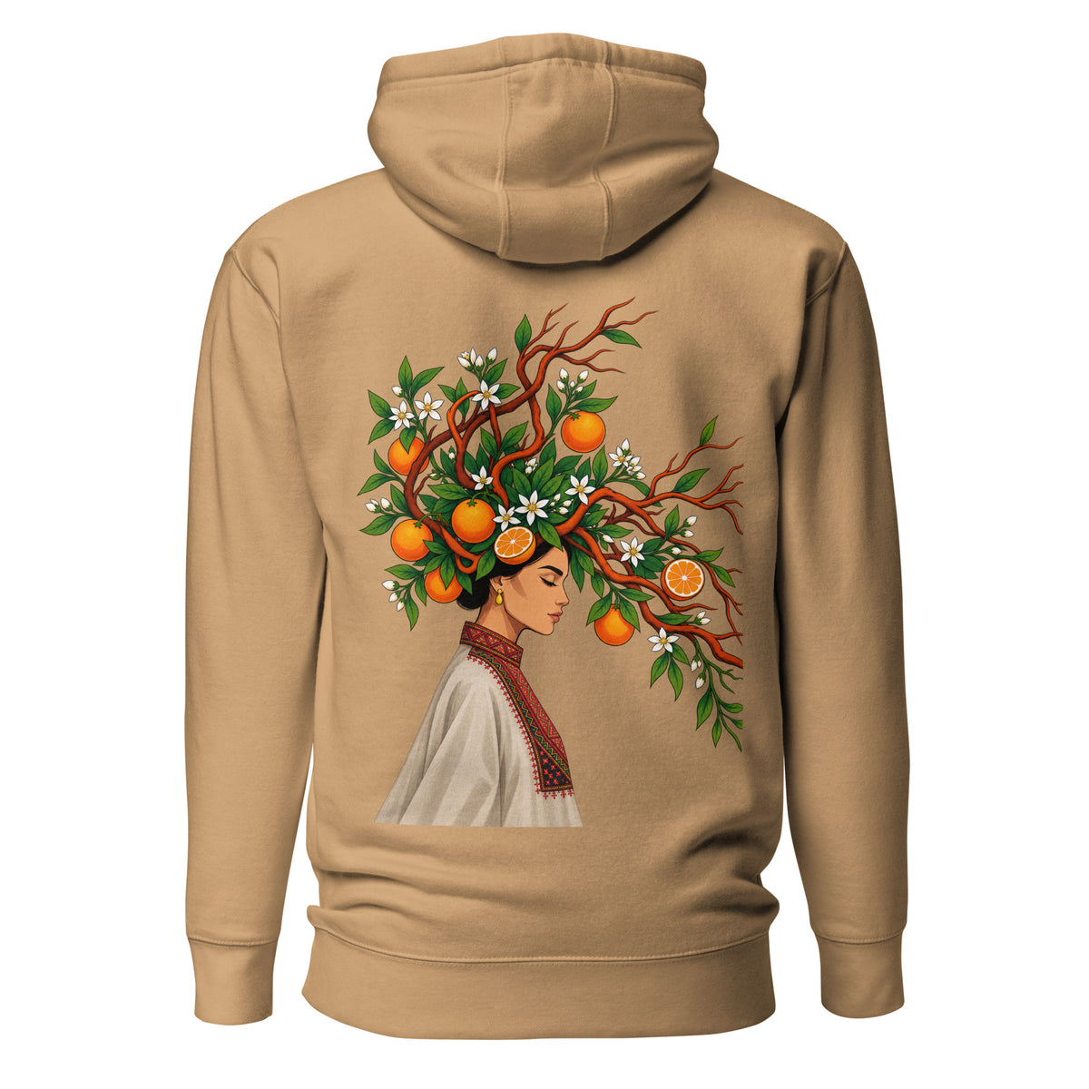 Yafa Jaffa orange blossom Palestine hoodie in Khaki – back print
