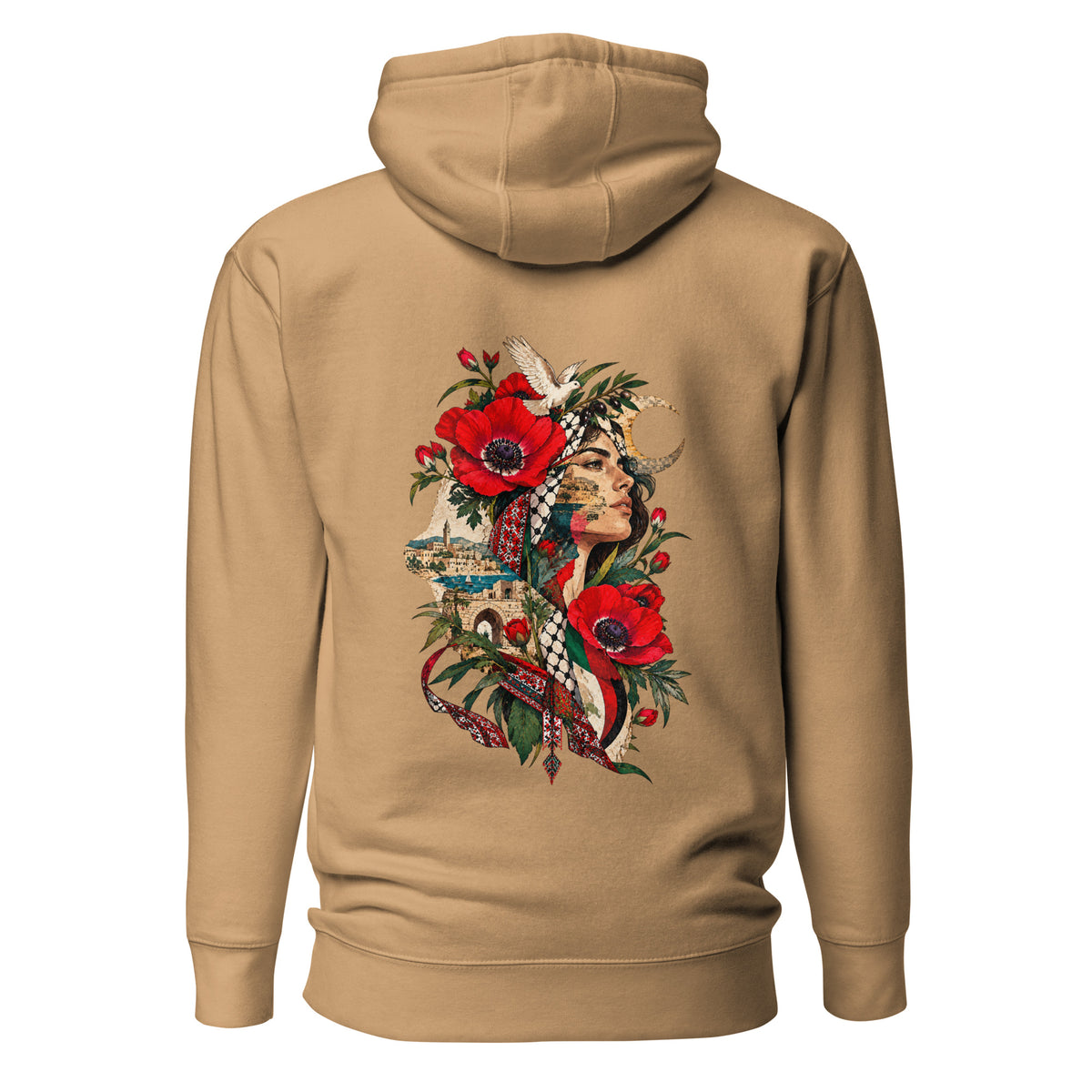 Roots of Resilience Palestinian poppy (Hanoon) hoodie in Khaki – back print