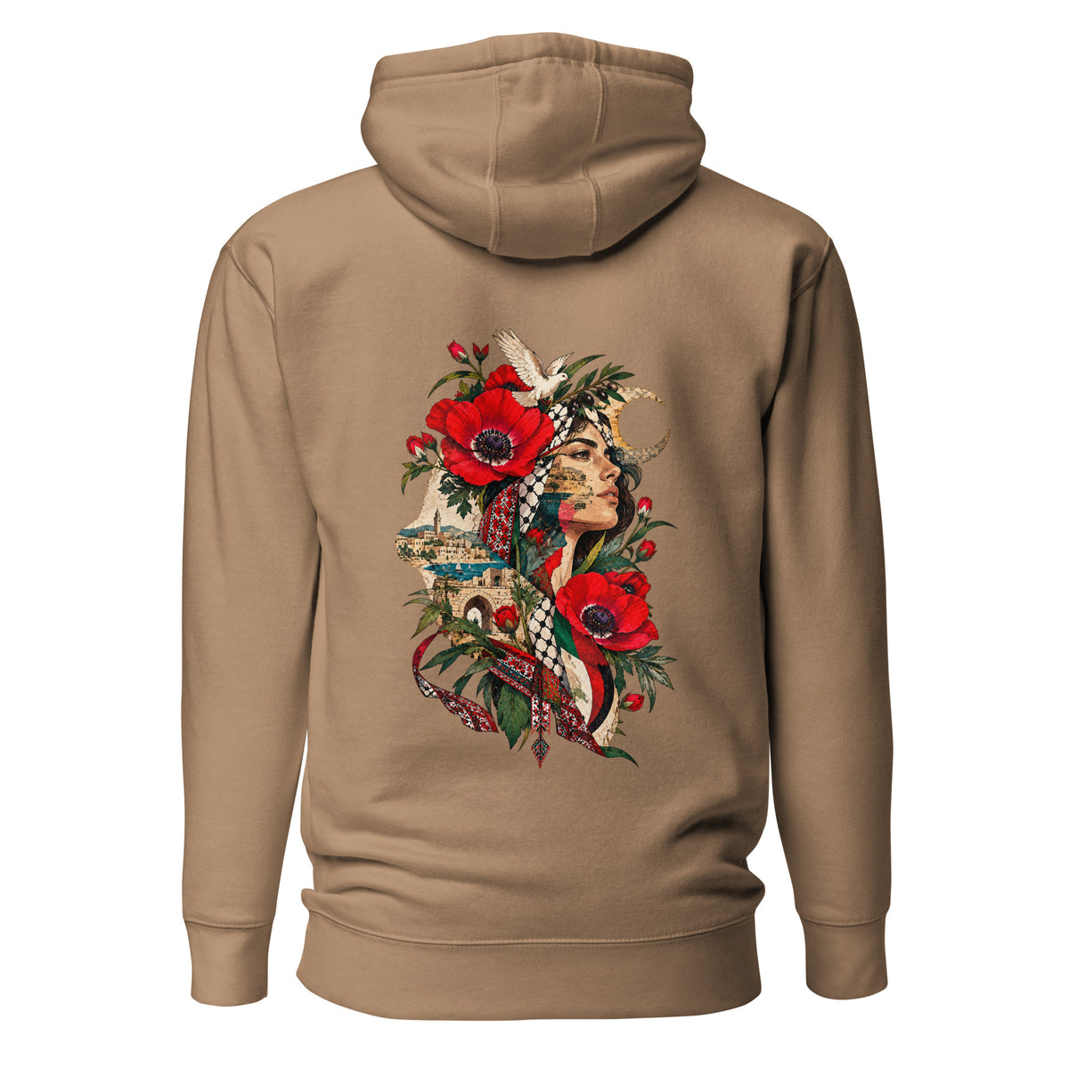 Roots of Resilience Palestinian poppy (Hanoon) hoodie in Latte – back print