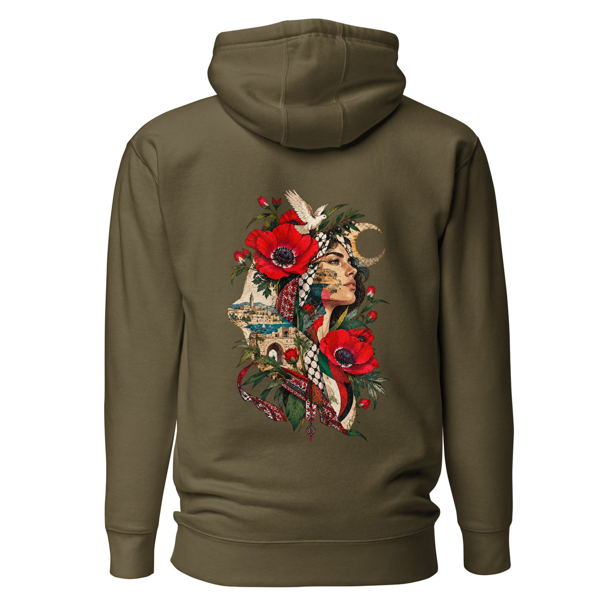 Roots of Resilience Palestinian poppy (Hanoon) hoodie in Military Green – back print